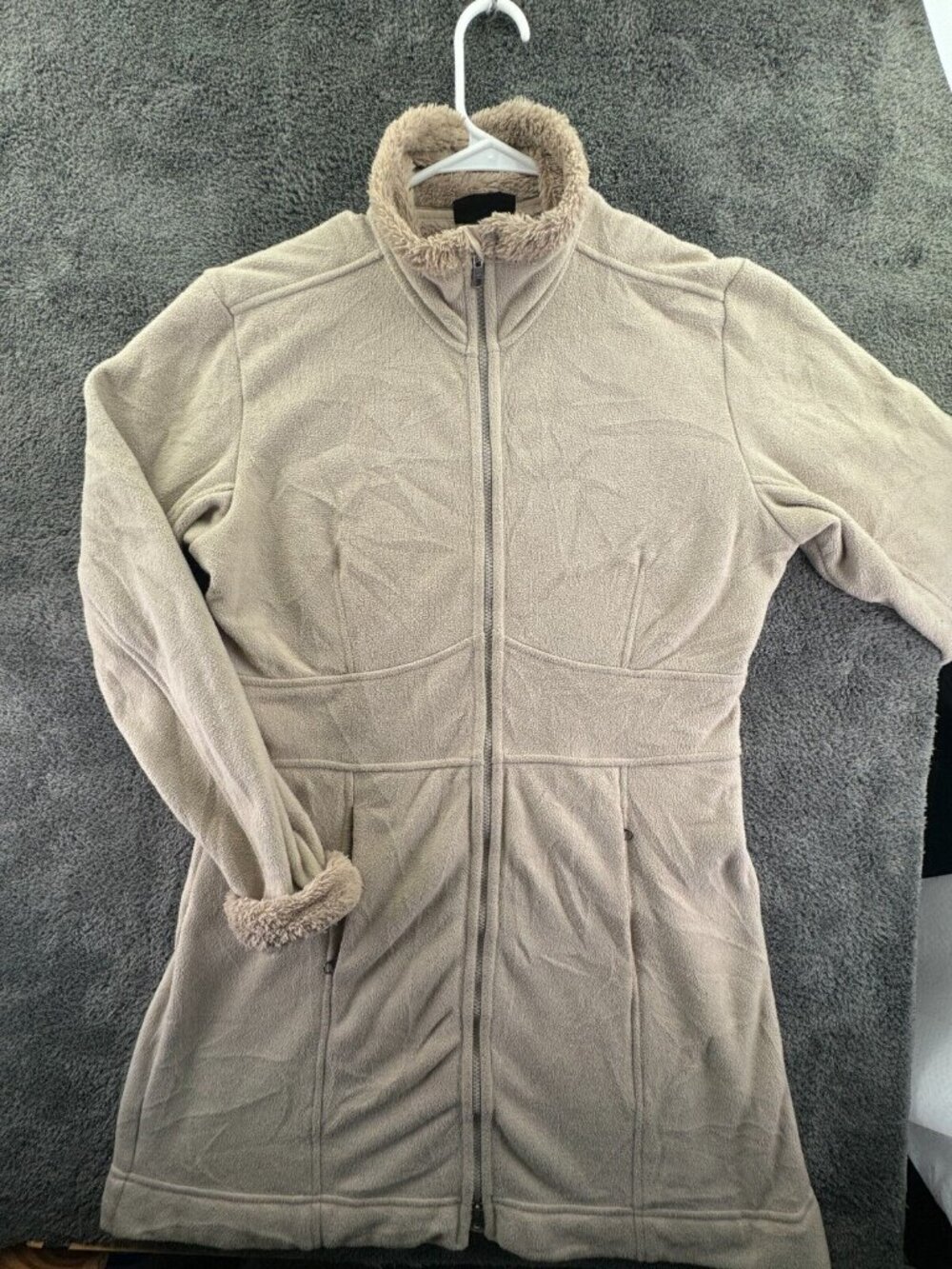 Patagonia Women Long Coat Beige Large Fuzzy Lined Full Zip Fleece W/ Pockets